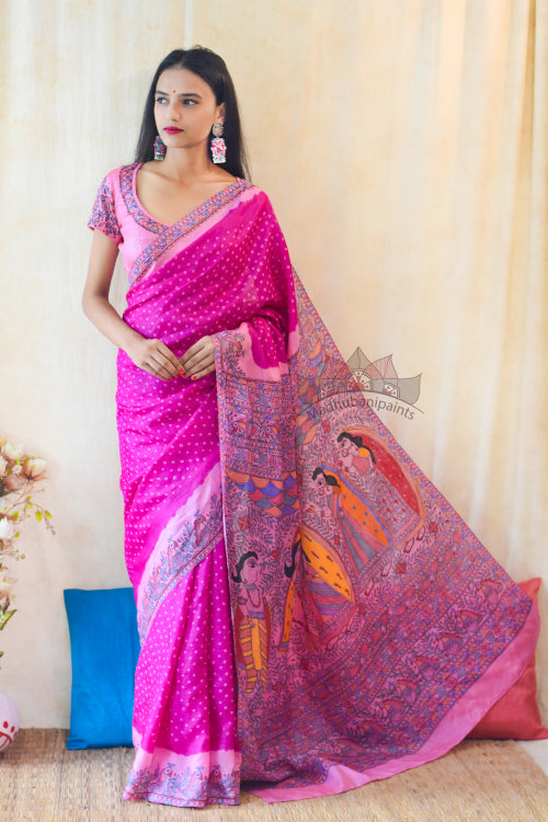 Madhubani Paints Handpainted Madhubani 'SITA SWAYAMBAR' Bandhini Tussar Silk Saree