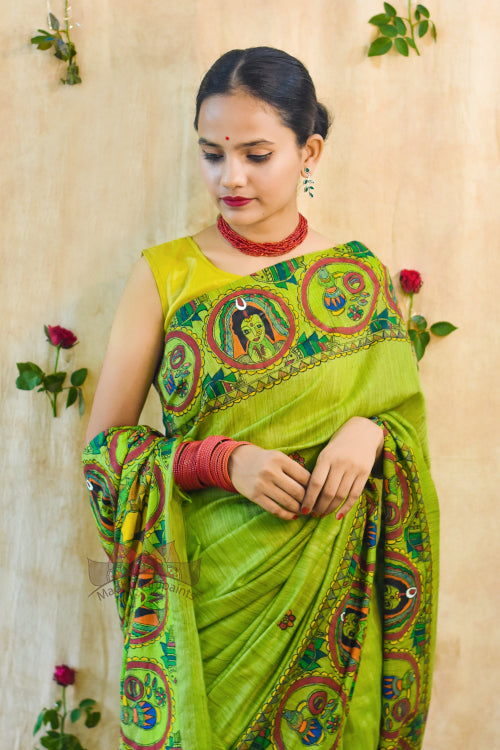 Madhubani Paints Handpainted Madhubani 'Bengali Wedding' Chanderi Silk Saree