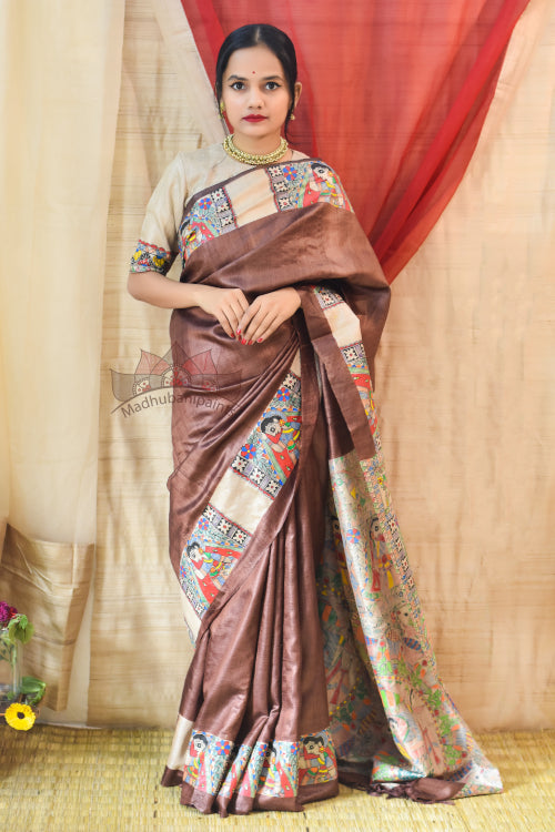 Madhubani Paints Handpainted Madhubani 'MITHILA KOHBAR' Brown Tussar Silk Saree