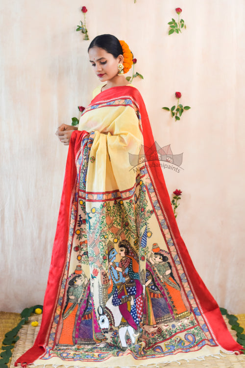 Madhubani Paints Handpainted Madhubani 'RADHA KRISHNA LEELA' Cotton Saree