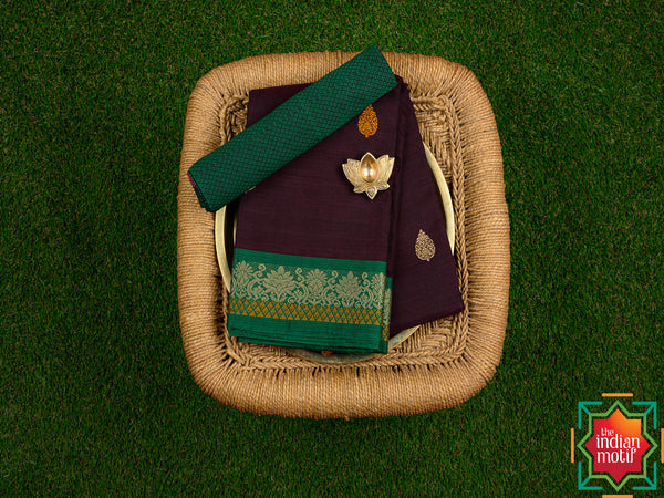 Kanchi Cotton Brown With Green Saree