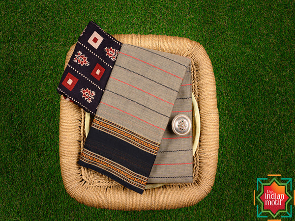 Veldhari Kanchi Cotton Grey Black Saree
