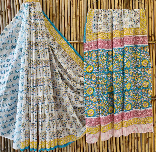 Bagru Handblock Mul Saree Floral Angel