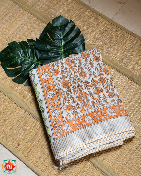 Bagru-Handblock-Slub-Cotton-Floral Flame-Saree-The-Indian-Motif