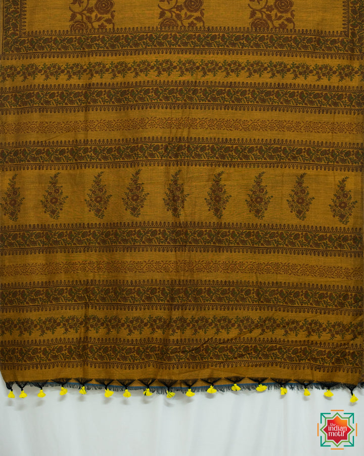 Brown-Floral-Handblock-Printed-Mul-Cotton-Jugalbandhi-Saree-Muddy-Love-7-The-Indian-Motif