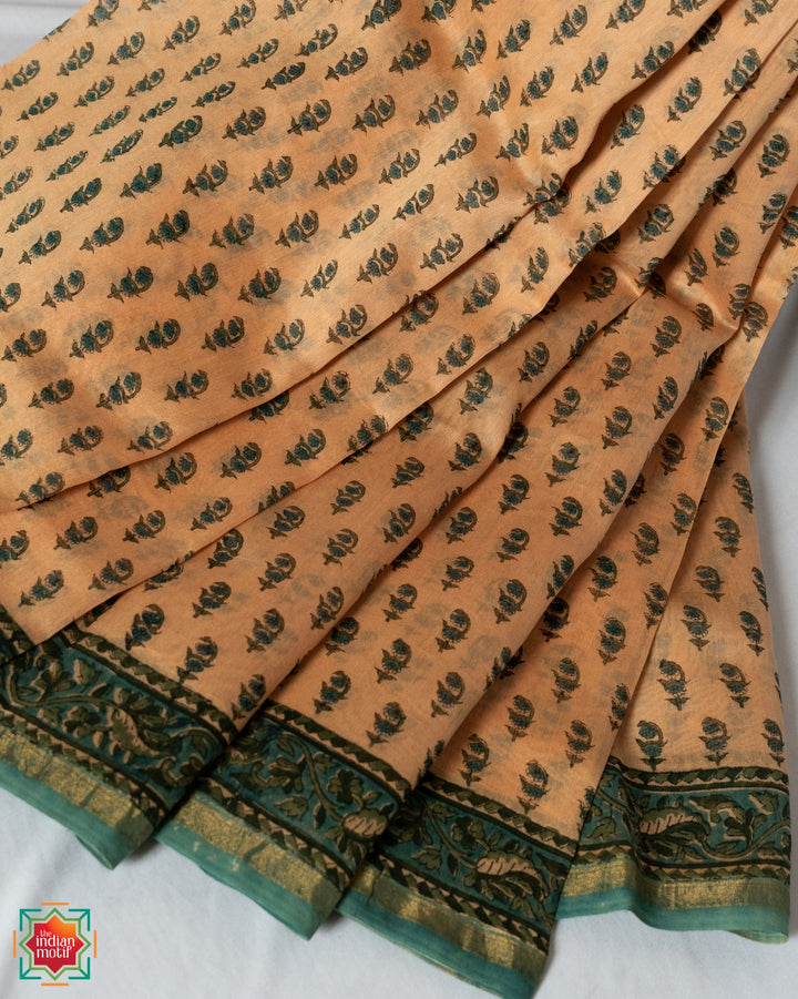 Cream Floral Bagru Handblock Chanderi Silk Cotton Golden Midas Saree 1-The Indian Motif