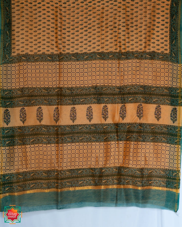 Cream Floral Bagru Handblock Chanderi Silk Cotton Golden Midas Saree 2-The Indian Motif