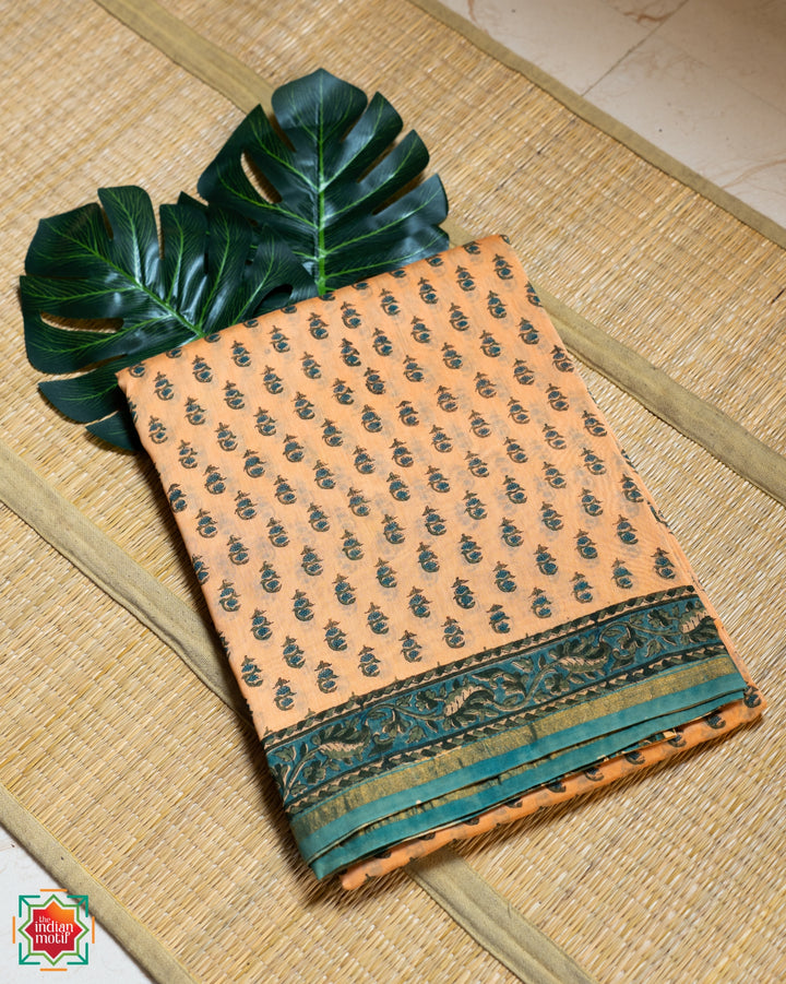 Cream Floral Bagru Handblock Chanderi Silk Cotton Golden Midas Saree-The Indian Motif