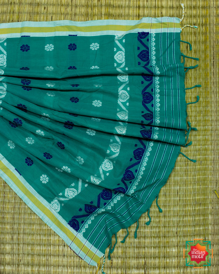 Cyan Green Assam Cotton Saree Dream Girl-1-The Indian Motif