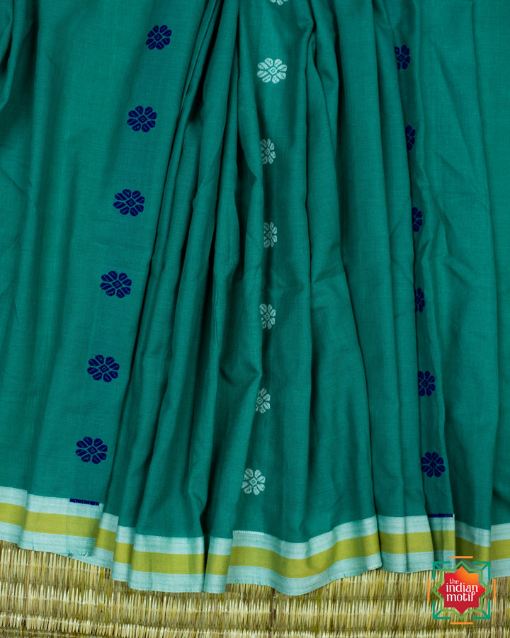 Cyan Green Assam Cotton Saree Dream Girl-2-The Indian Motif