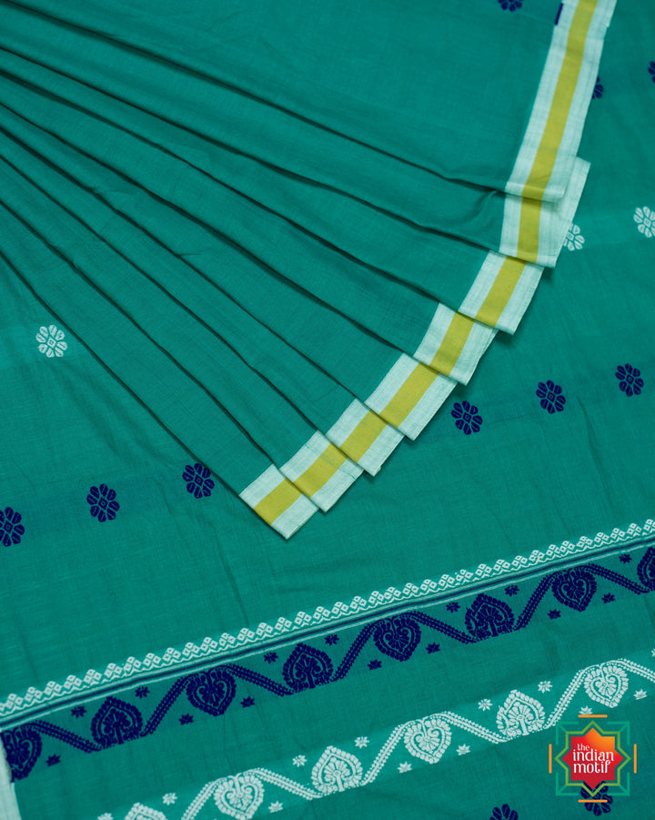 Cyan Green Assam Cotton Saree Dream Girl-6-The Indian Motif