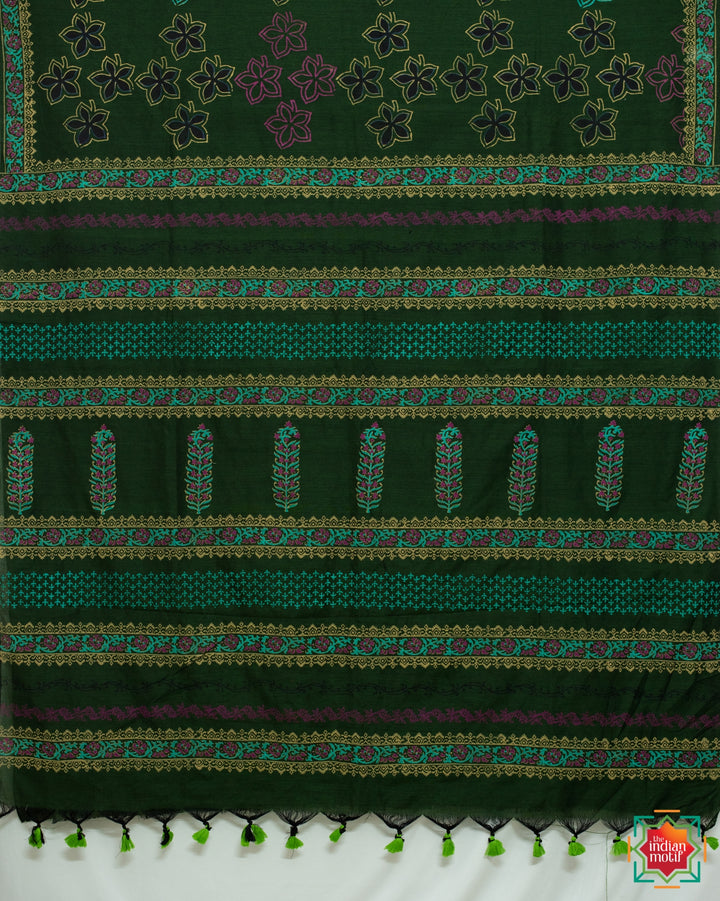 Green Floral Handblock Printed Mul Cotton Jugalbandhi Saree Forest Goddess-2-The Indian Motif