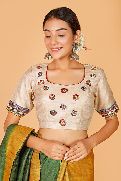 Gubbaro Handpainted Madhubani 'Divine Radha Krishna' Tussar Silk Blouse-1-The Indian Motif