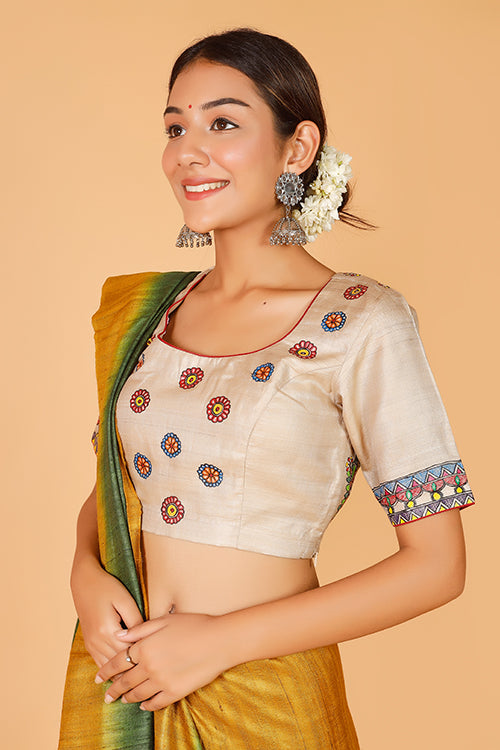 Gubbaro Handpainted Madhubani 'Divine Radha Krishna' Tussar Silk Blouse-2-The Indian Motif