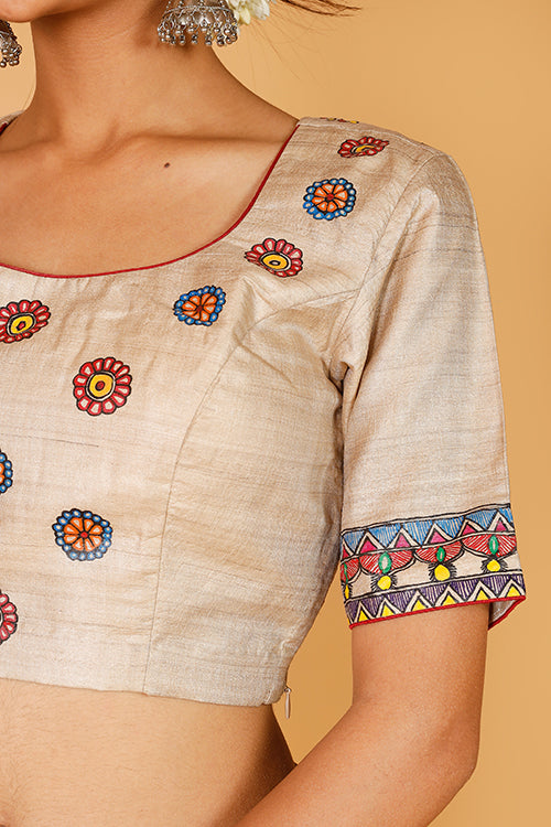 Gubbaro Handpainted Madhubani 'Divine Radha Krishna' Tussar Silk Blouse-3-The Indian Motif