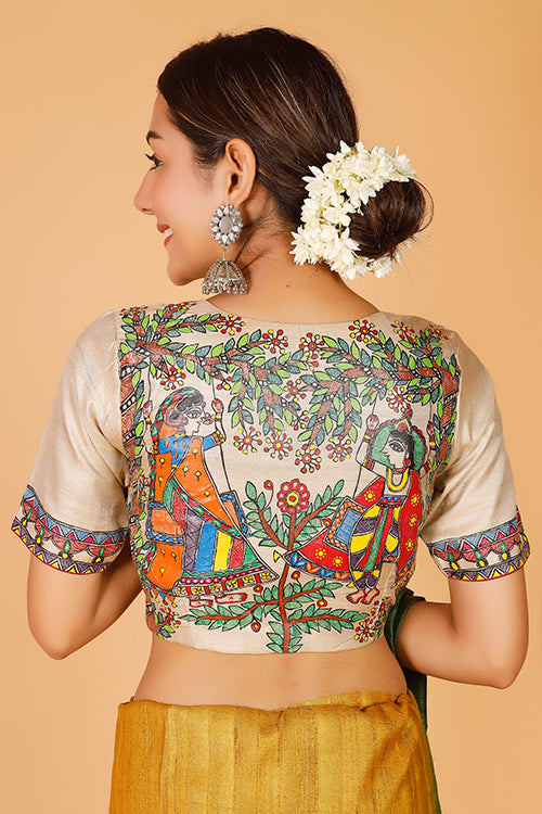 Gubbaro Handpainted Madhubani 'Divine Radha Krishna' Tussar Silk Blouse-4-The Indian Motif