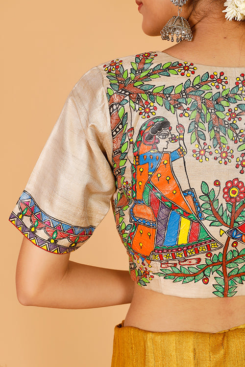 Gubbaro Handpainted Madhubani 'Divine Radha Krishna' Tussar Silk Blouse-5-The Indian Motif