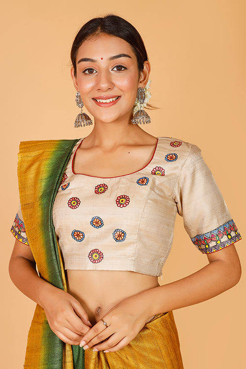 Gubbaro Handpainted Madhubani 'Divine Radha Krishna' Tussar Silk Blouse-The Indian Motif