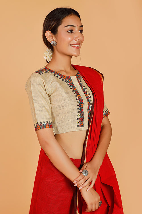 Gubbaro Handpainted Madhubani 'Krishna Nritya' Cotton Blouse-2-The Indian Motif