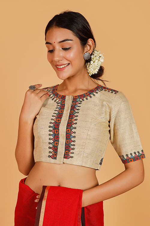 Gubbaro Handpainted Madhubani 'Krishna Nritya' Cotton Blouse-3-The Indian Motif