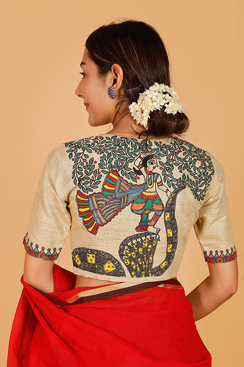 Gubbaro Handpainted Madhubani 'Krishna Nritya' Cotton Blouse-5-The Indian Motif