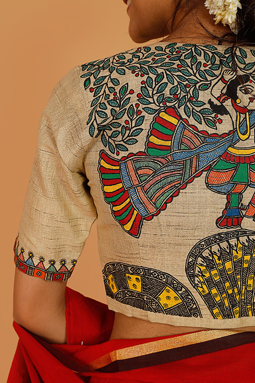 Gubbaro Handpainted Madhubani 'Krishna Nritya' Cotton Blouse-6-The Indian Motif