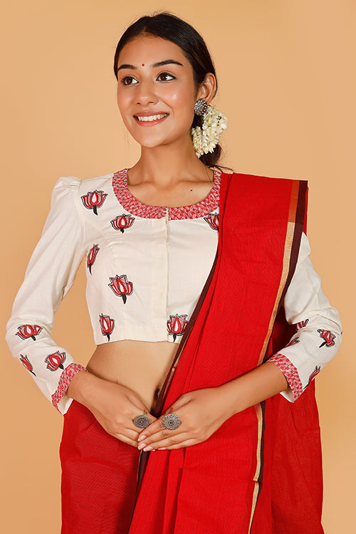Gubbaro Handpainted Madhubani 'Samvidkamal' Cotton Blouse-1-The Indian Motif