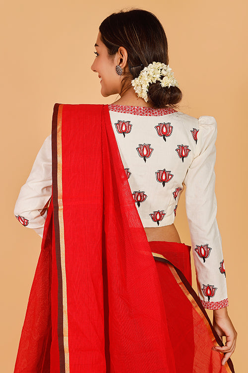 Gubbaro Handpainted Madhubani 'Samvidkamal' Cotton Blouse-4-The Indian Motif