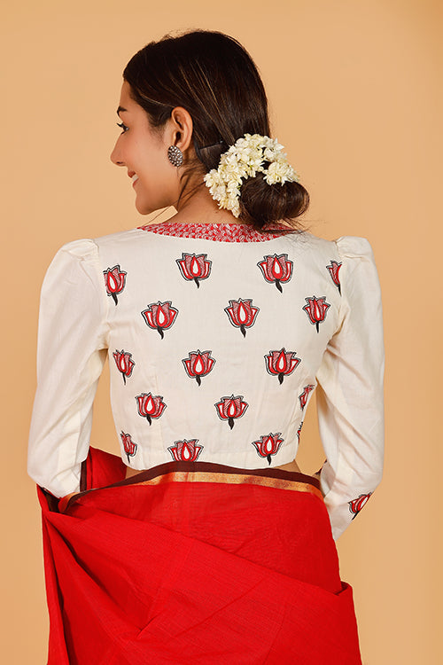 Gubbaro Handpainted Madhubani 'Samvidkamal' Cotton Blouse-5-The Indian Motif