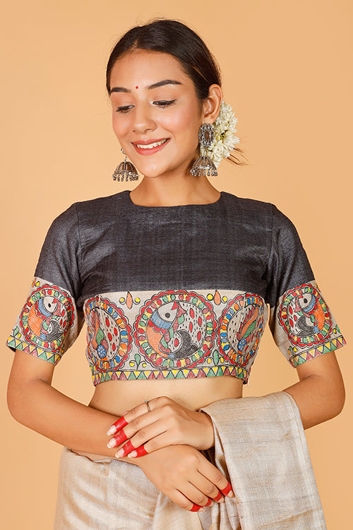 Gubbaro Handpainted Madhubani 'Surmai Shankh' Tussar Silk Blouse-1-The Indian Motif