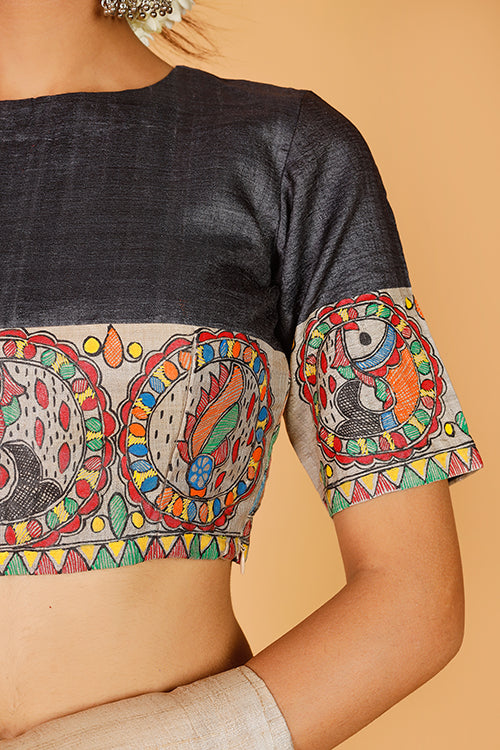 Gubbaro Handpainted Madhubani 'Surmai Shankh' Tussar Silk Blouse-2-The Indian Motif