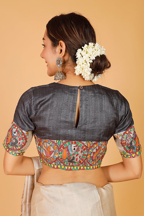 Gubbaro Handpainted Madhubani 'Surmai Shankh' Tussar Silk Blouse-3-The Indian Motif