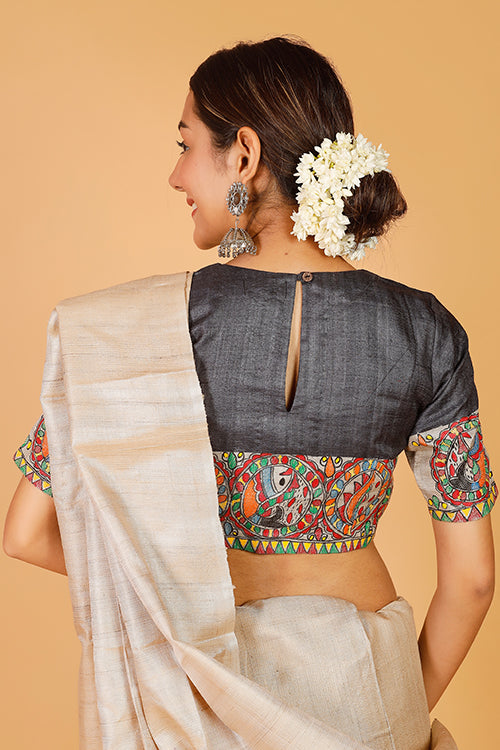 Gubbaro Handpainted Madhubani 'Surmai Shankh' Tussar Silk Blouse-4-The Indian Motif