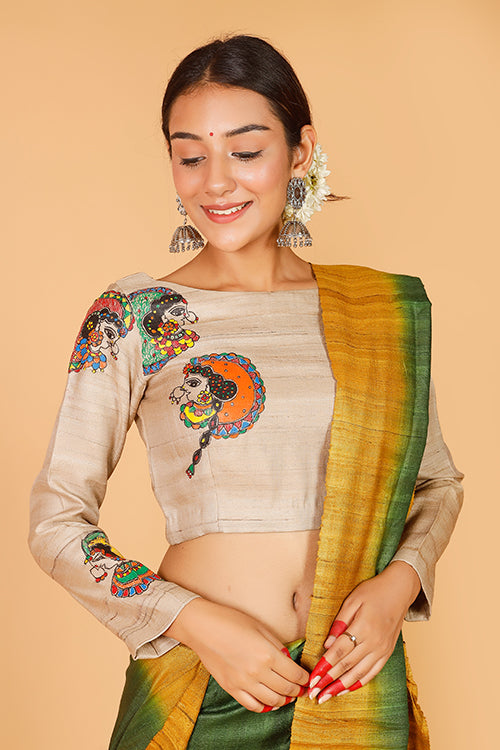 Gubbaro Handpainted Madhubani 'Gopiyaan' Tussar Silk Blouse-The Indian Motif