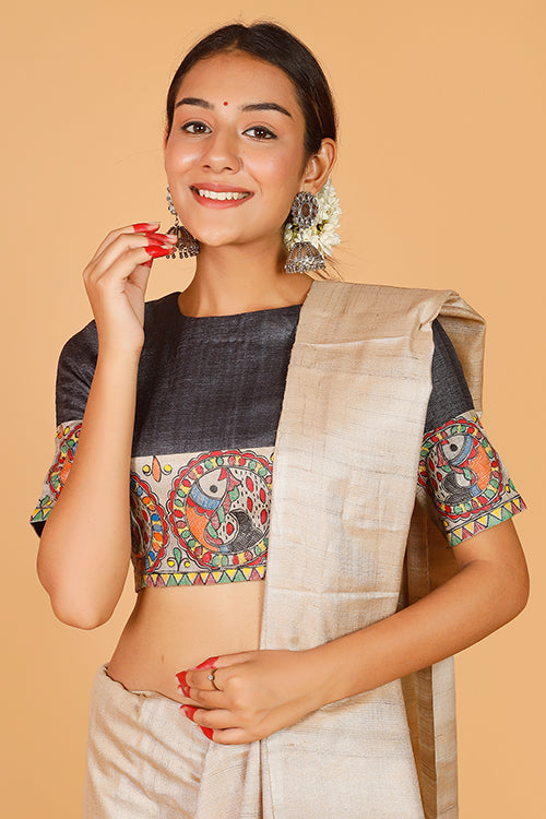 Gubbaro Handpainted Madhubani 'Surmai Shankh' Tussar Silk Blouse-The Indian Motif