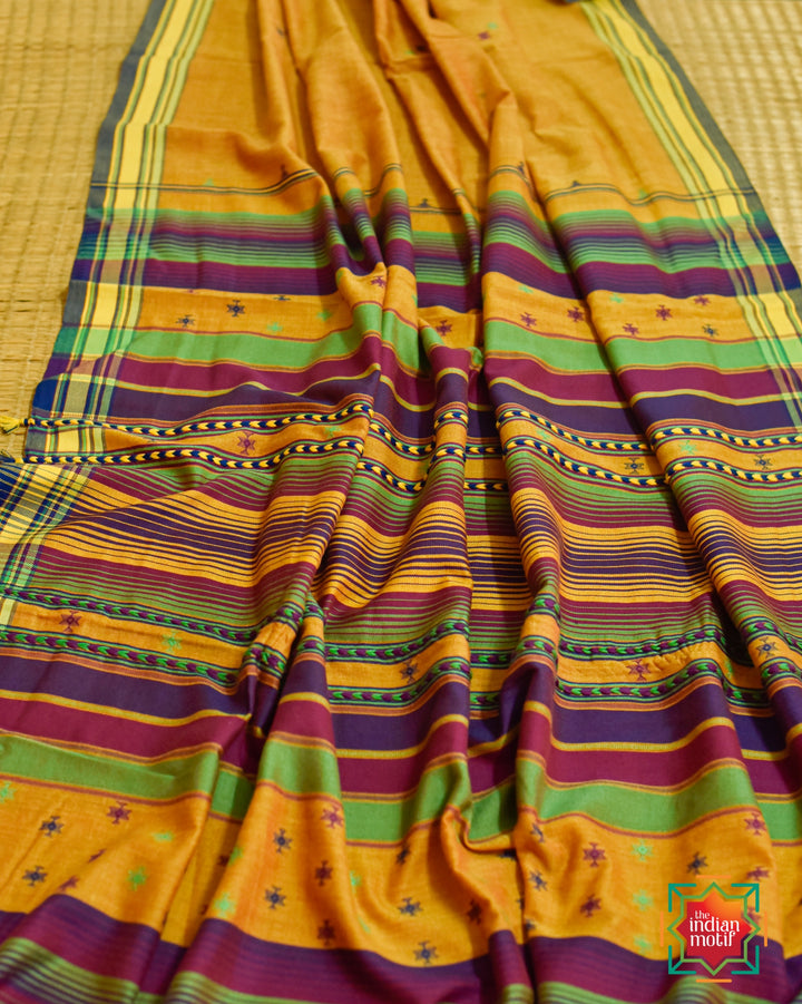 Handwoven Kutch Bhujodi Mustard Yellow Saree-4-The Indian Motif