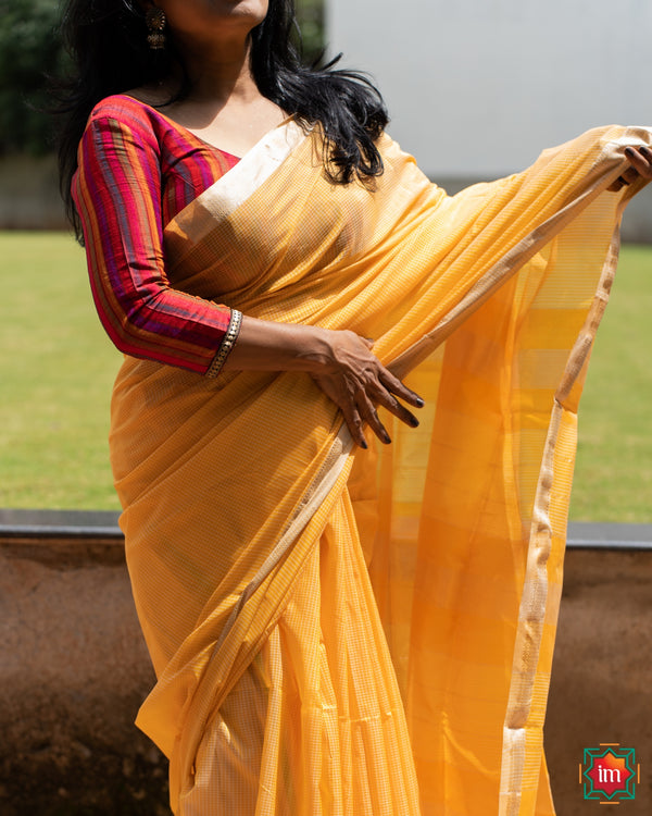 Handwoven Maheshwari Silk Cotton Saree Lime Shot-The Indian Motif