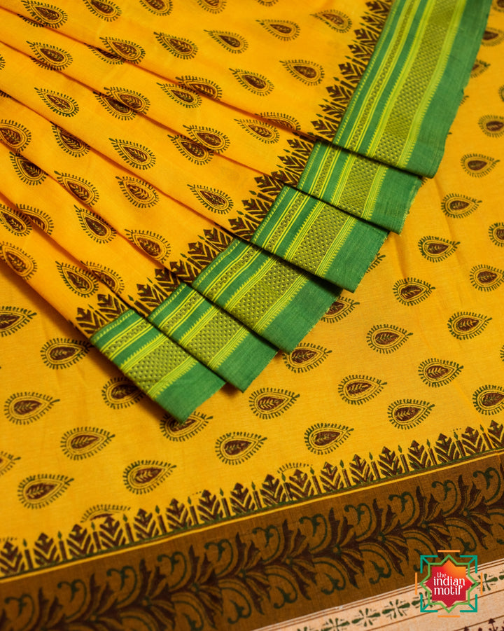 Ilkal Cotton Handblock Print Jugalbandhi Yellow Daisy Saree-2-The Indian Motif