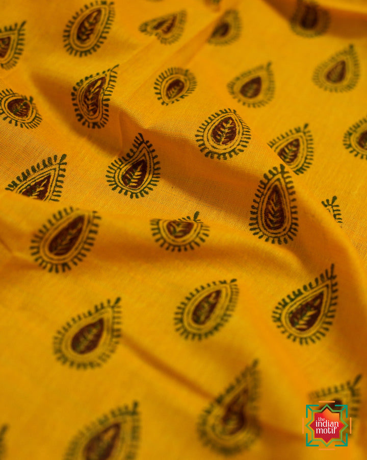 Ilkal Cotton Handblock Print Jugalbandhi Yellow Daisy Saree-4-The Indian Motif
