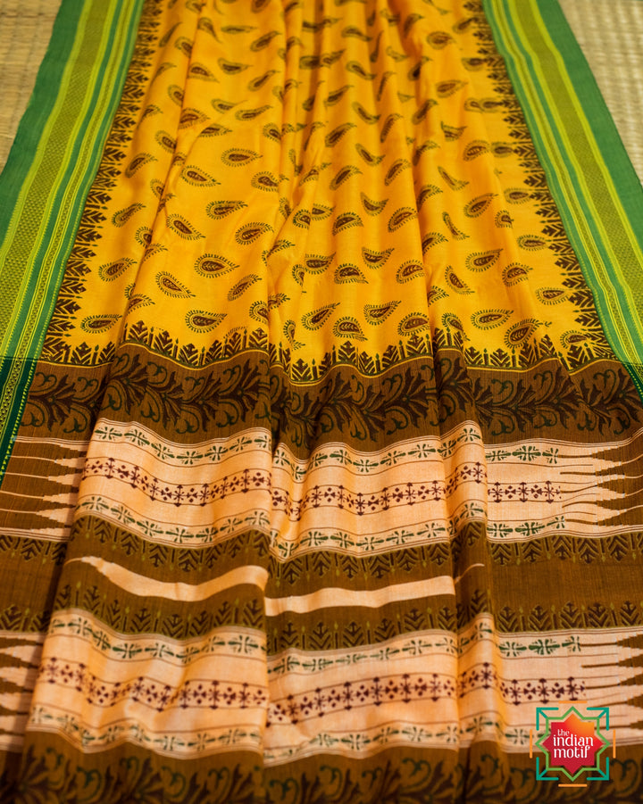 Ilkal Cotton Handblock Print Jugalbandhi Yellow Daisy Saree-5-The Indian Motif