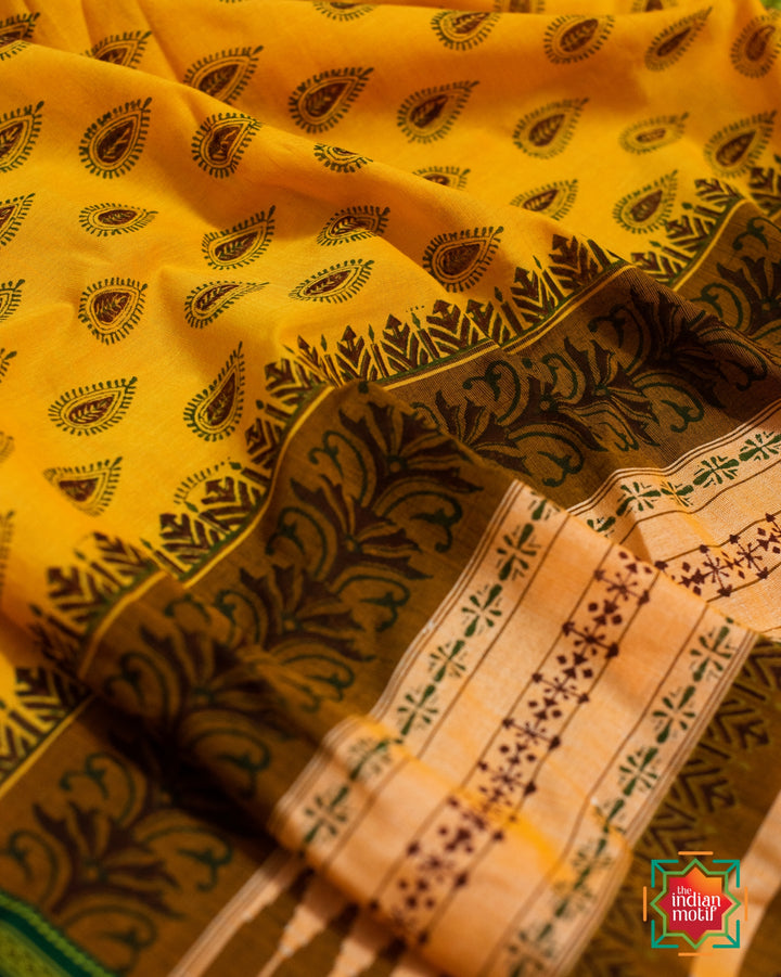 Ilkal Cotton Handblock Print Jugalbandhi Yellow Daisy Saree-6-The Indian Motif