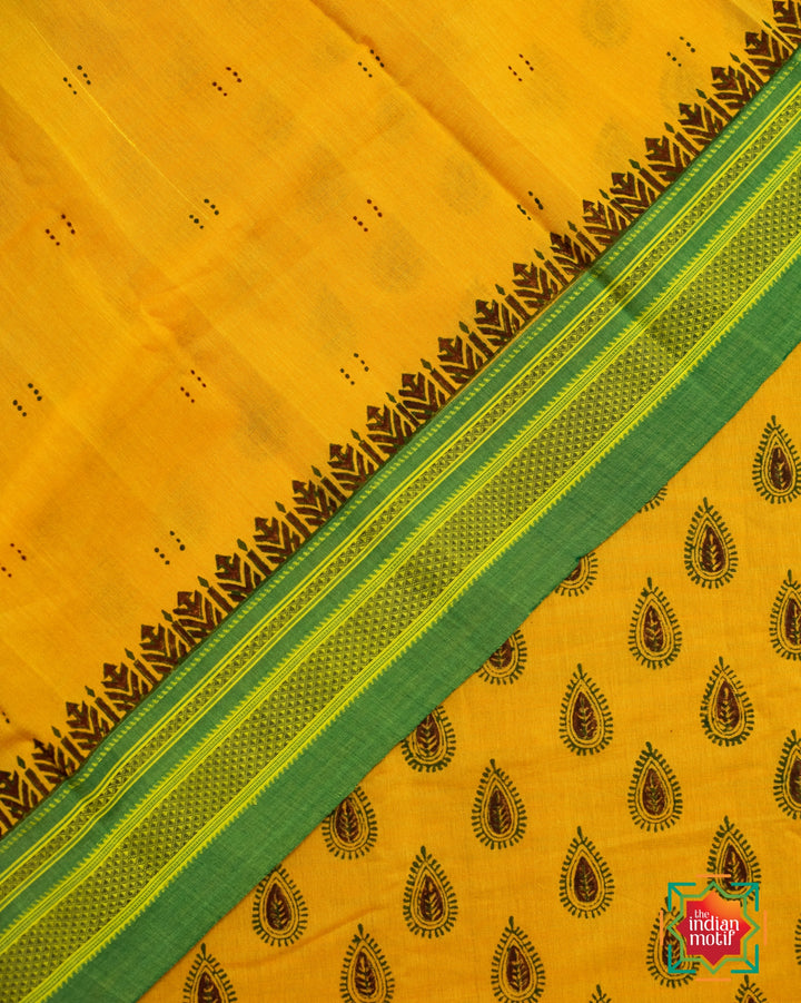 Ilkal Cotton Handblock Print Jugalbandhi Yellow Daisy Saree-7-The Indian Motif