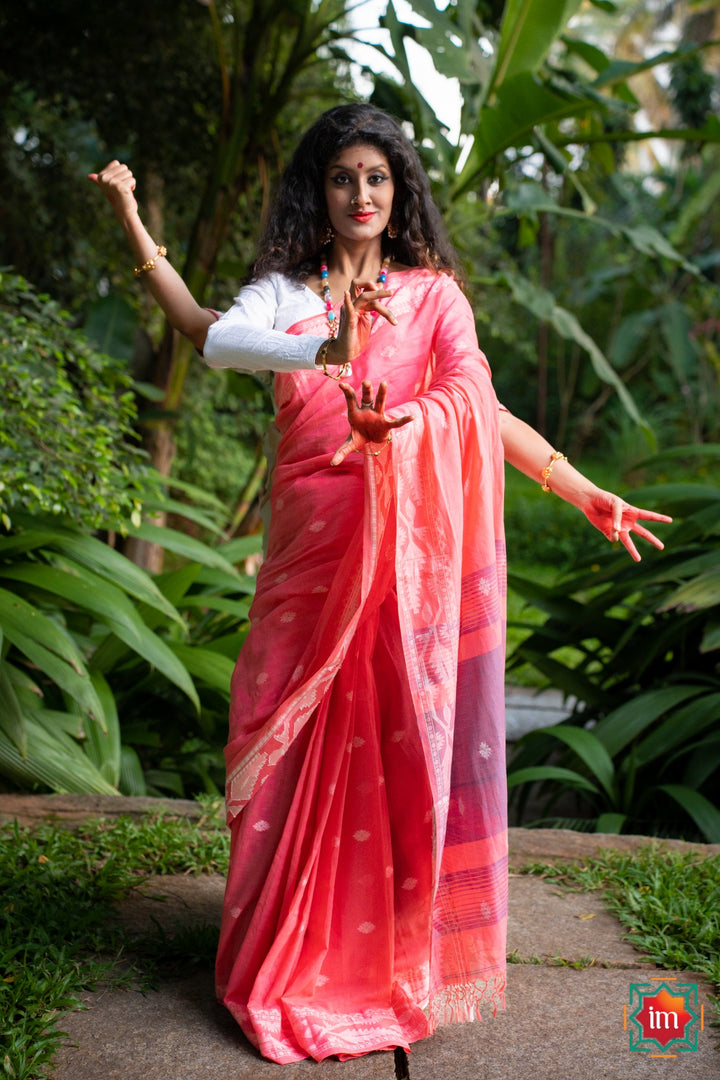 Jamdhani Cotton Coral Pink Saree-1-The Indian Motif