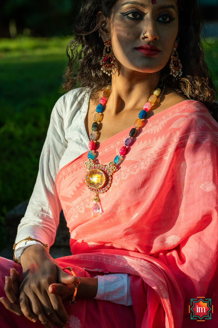 Jamdhani Cotton Coral Pink Saree-2-The Indian Motif