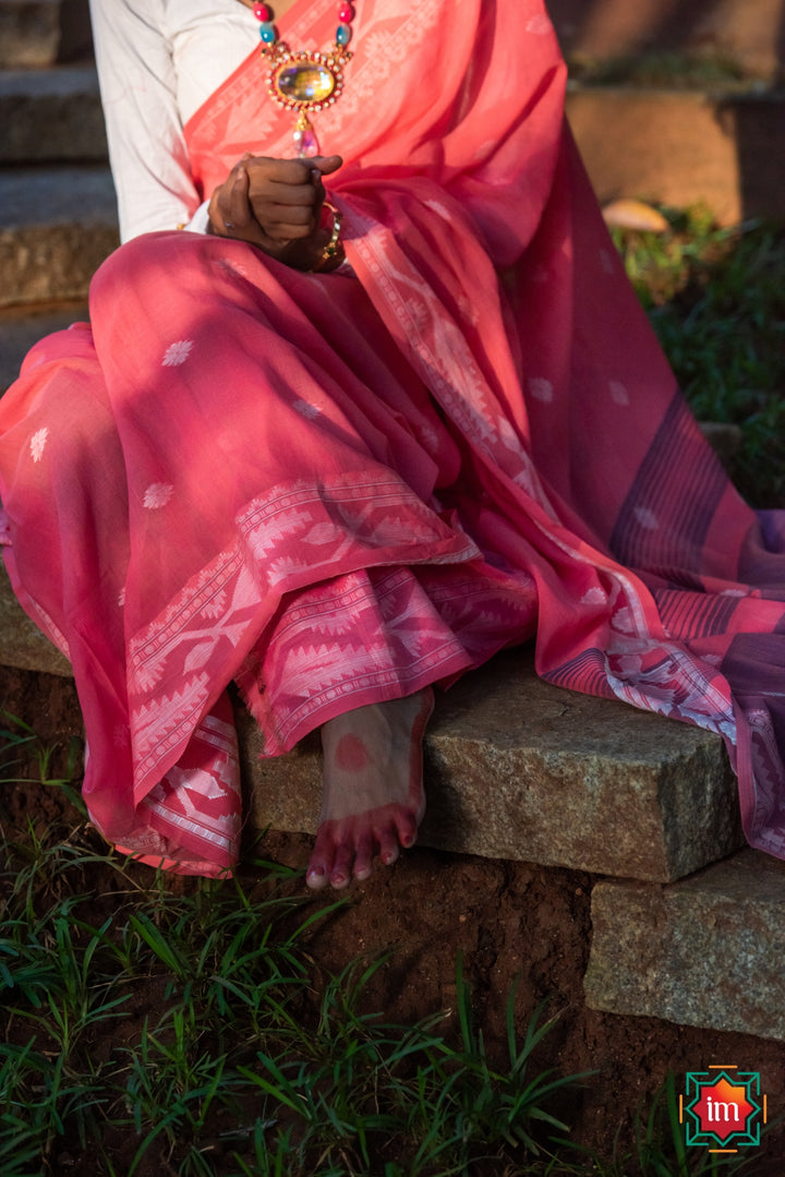 Jamdhani Cotton Coral Pink Saree-3-The Indian Motif