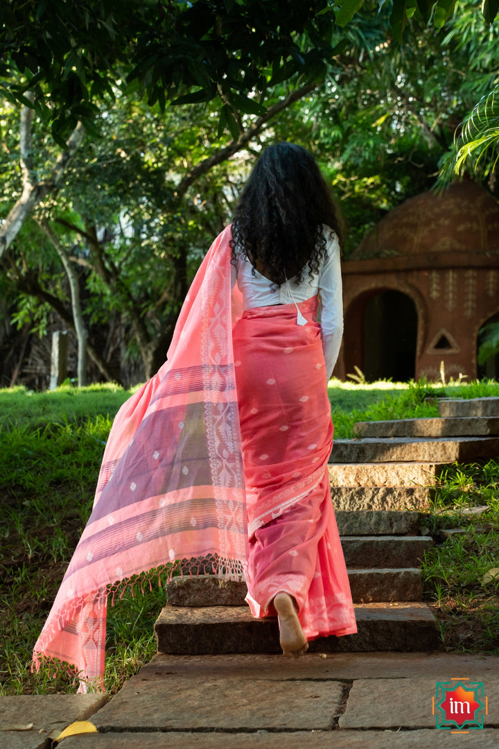 Jamdhani Cotton Coral Pink Saree-5-The Indian Motif