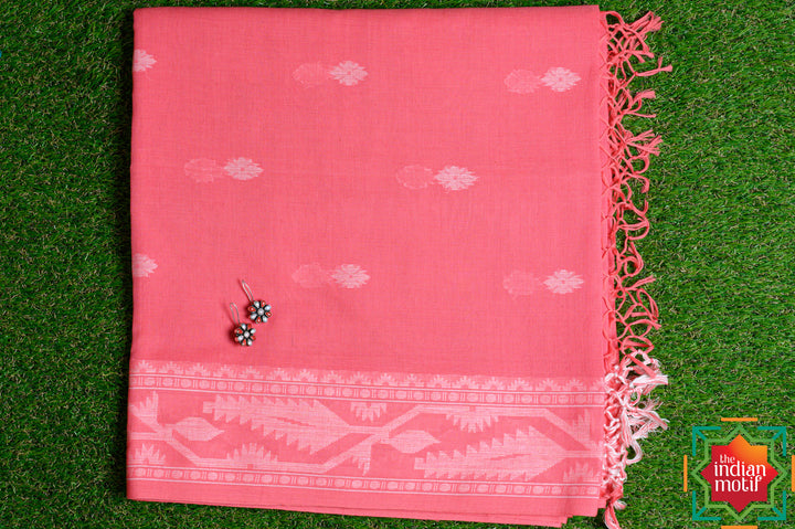 Jamdhani Cotton Coral Pink Saree-7-The Indian Motif