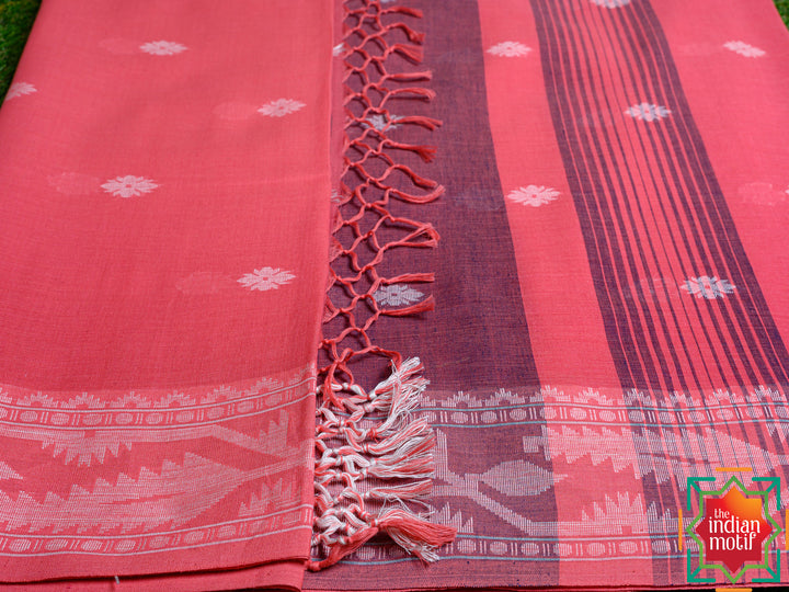 Jamdhani Cotton Coral Pink Saree-9-The Indian Motif