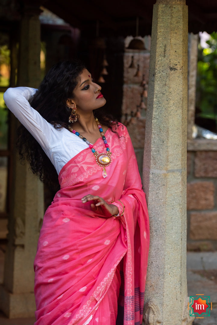 Jamdhani Cotton Coral Pink Saree-The Indian Motif