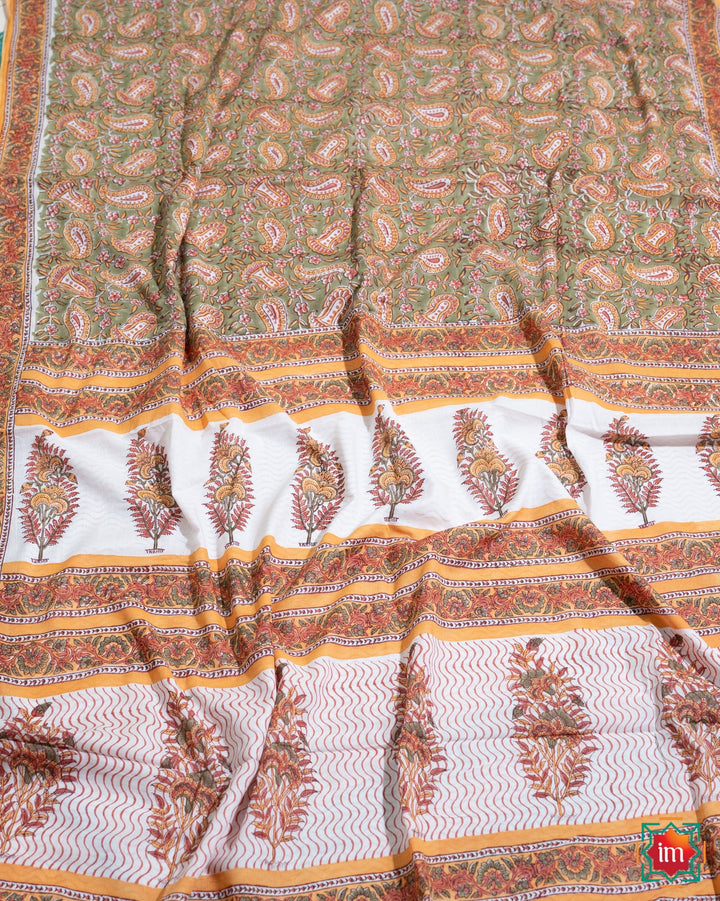 Mehendi Floral Handblock Printed Sanganer Mul Cotton Saree Baharon Phool Barsao-1-The Indian Motif